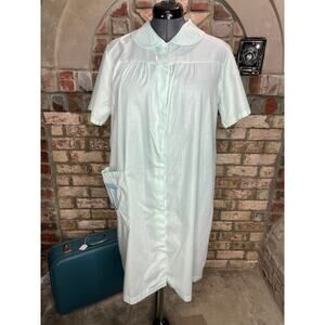 Vintage house dress frolicking embroidered pocket hourglass green blue